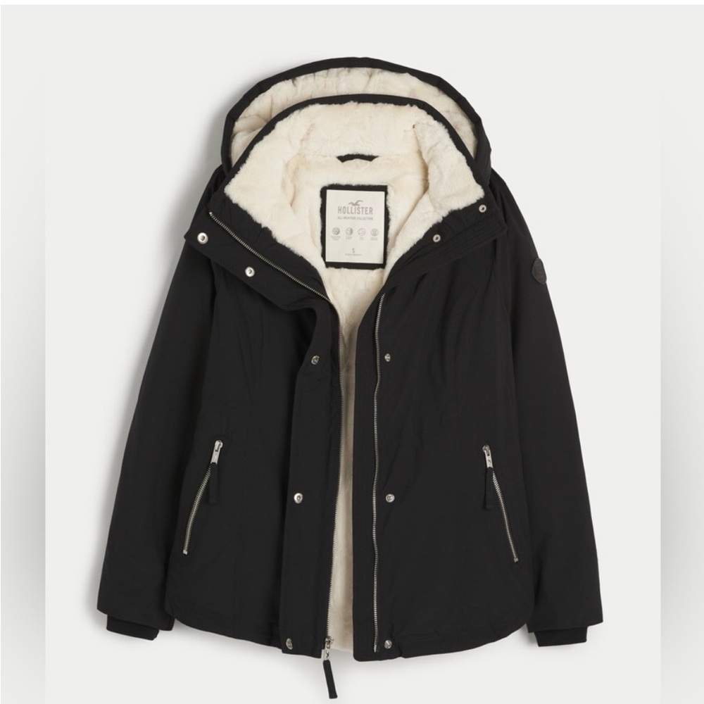 Hollister All Weather Faux Fur Lined Black Jacket with Cream Interior